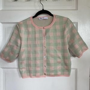 Zara green pink plaid short sleeve button up cardigan sweater, Sz M